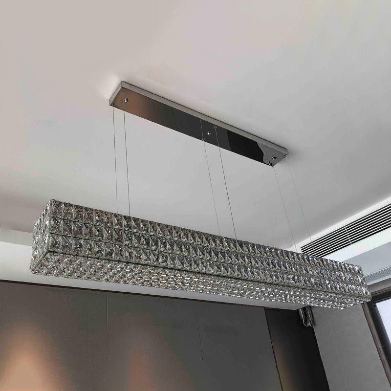 Modern Stainless Steel Island Lights Rectangle Restaurant Hanging Lamp with Crystal Shade