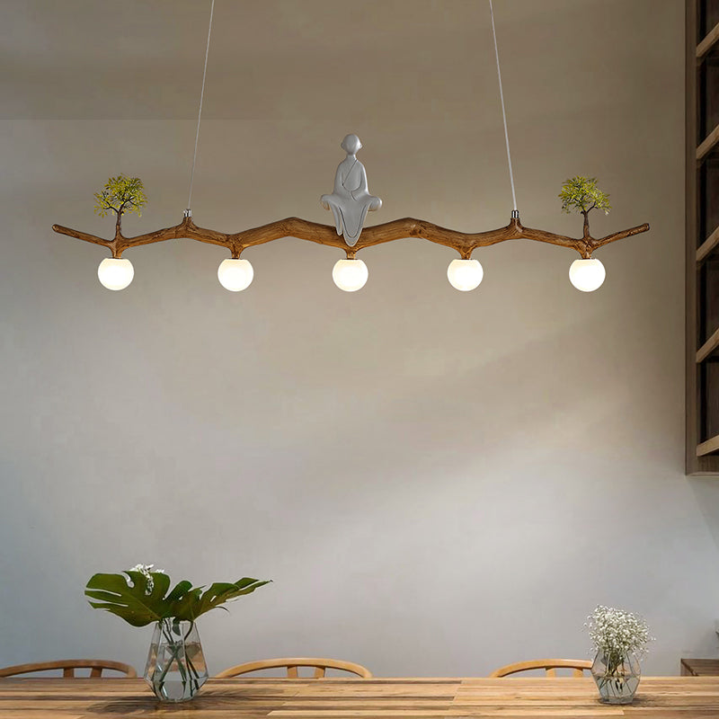 Brown Resin Island Lights Modern Restaurant Multi-Head Restaurant Lamphing con sombra de vidrio de globo