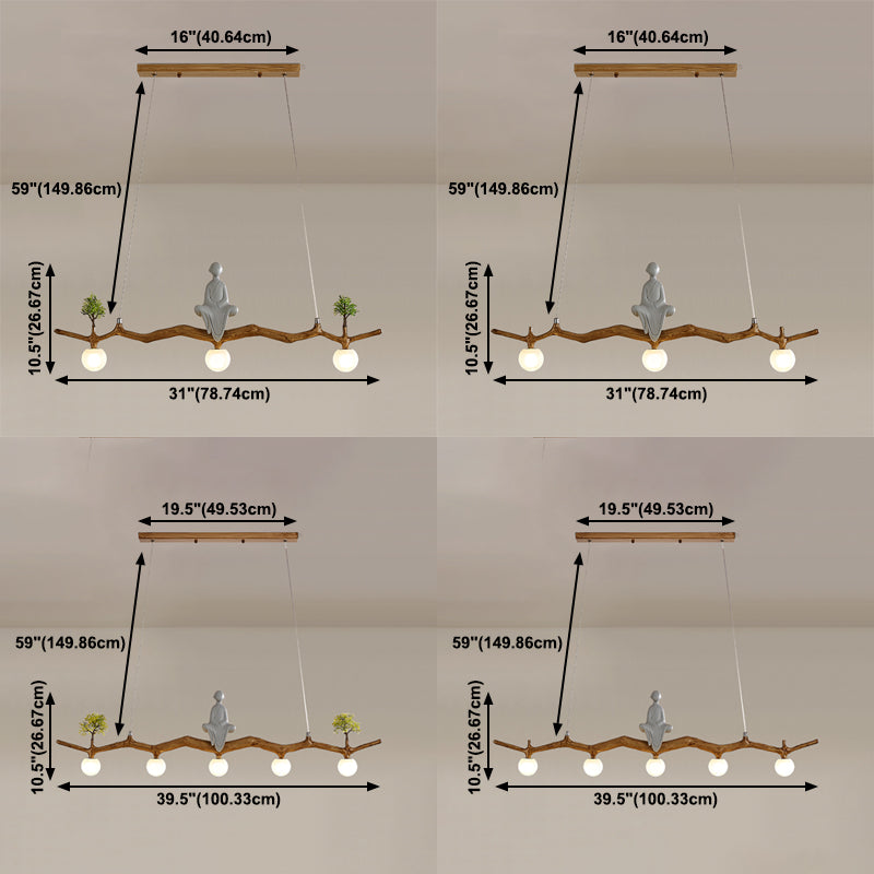 Brown Resin Island Lights Modern Restaurant Multi-Head Restaurant Lamphing con sombra de vidrio de globo