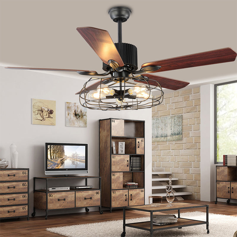 Caged Indoor Ceiling Fan with 5 Blade Metal Rustic Vintage Semi Flush Mount Light in Black