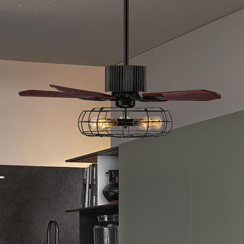 Caged Indoor Ceiling Fan with 5 Blade Metal Rustic Vintage Semi Flush Mount Light in Black