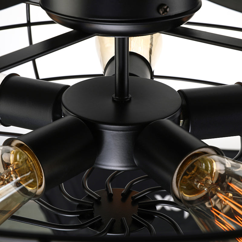 Caged Indoor Ceiling Fan with 5 Blade Metal Rustic Vintage Semi Flush Mount Light in Black