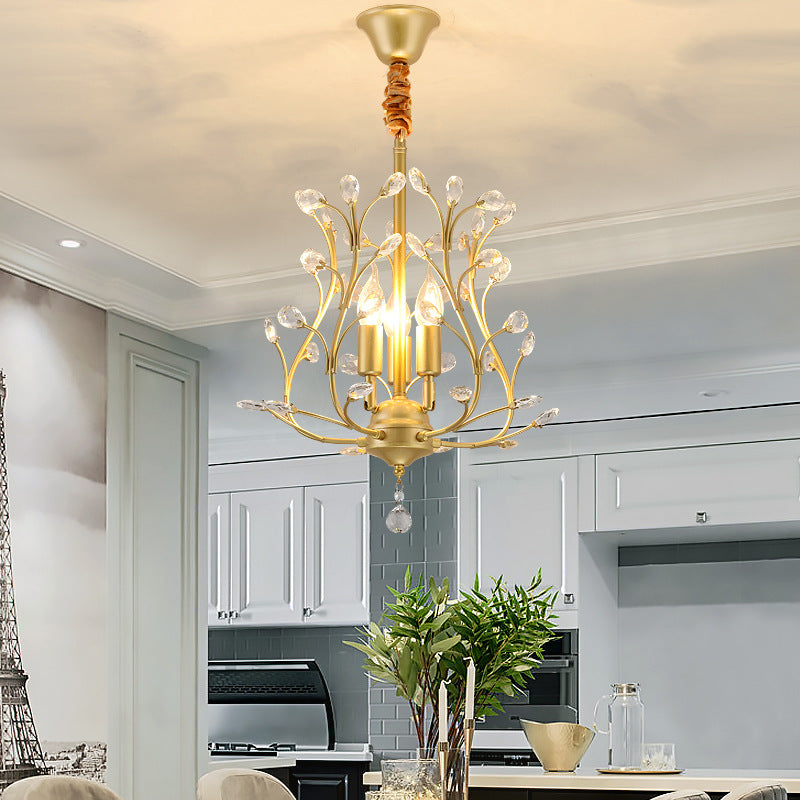 French Retro Pendant Light Fixture 3 Light Metal Crystal Chandelier for Bedroom