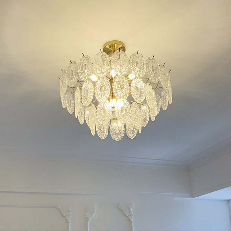 American Style Chandelier Light Fixture Oval Metal Glass Chandelier in Gold