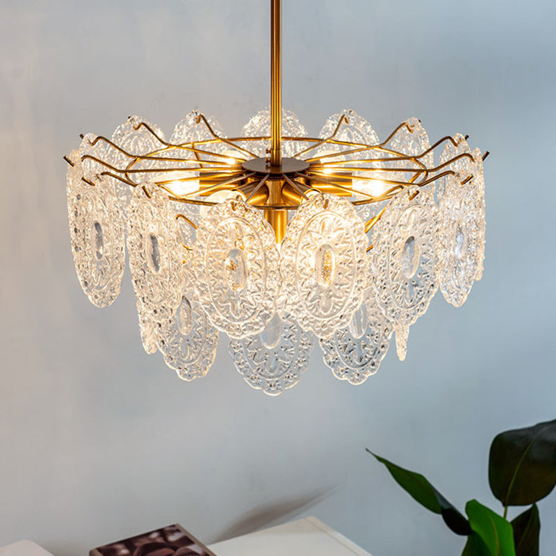 American Style Chandelier Light Fixture Oval Metal Glass Chandelier in Gold