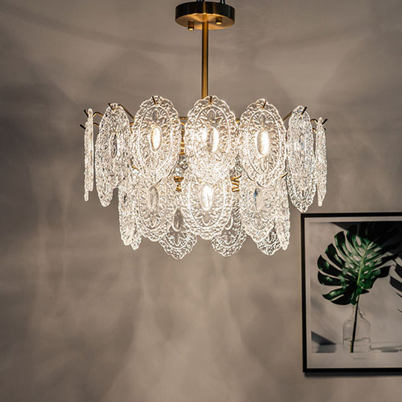 American Style Chandelier Light Fixture Oval Metal Glass Chandelier in Gold