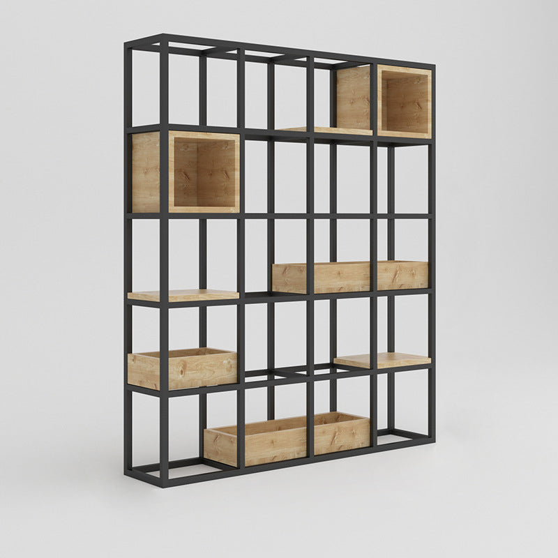 Moderne open etagere boekenplank met zwart ijzeren frame dennenhoutplank