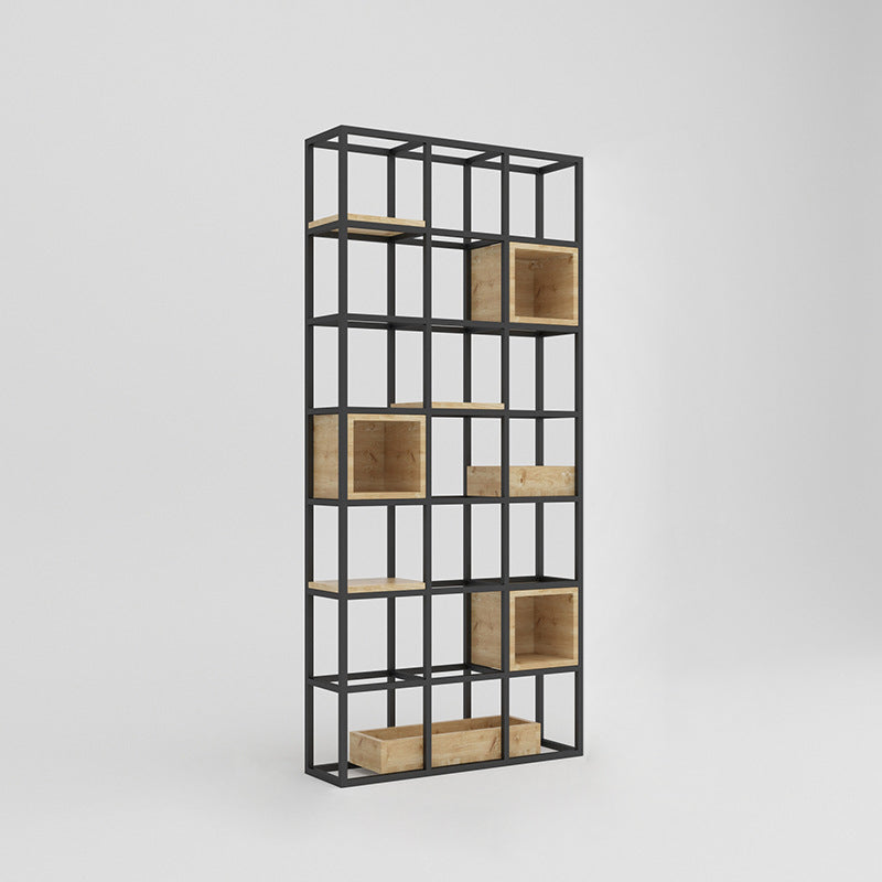 Modern Open Etagere Bookshelf with Black Iron Frame Pine Wood Shelf