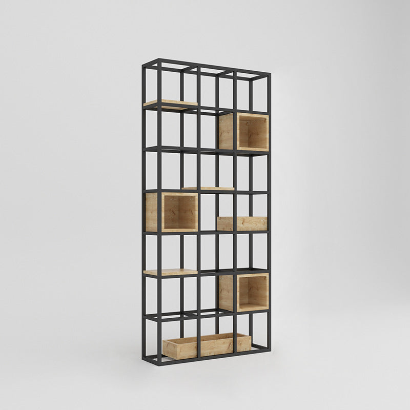 Moderne open etagere boekenplank met zwart ijzeren frame dennenhoutplank