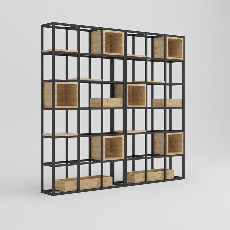 Moderne open etagere boekenplank met zwart ijzeren frame dennenhoutplank