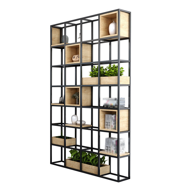 Moderne open etagere boekenplank met zwart ijzeren frame dennenhoutplank