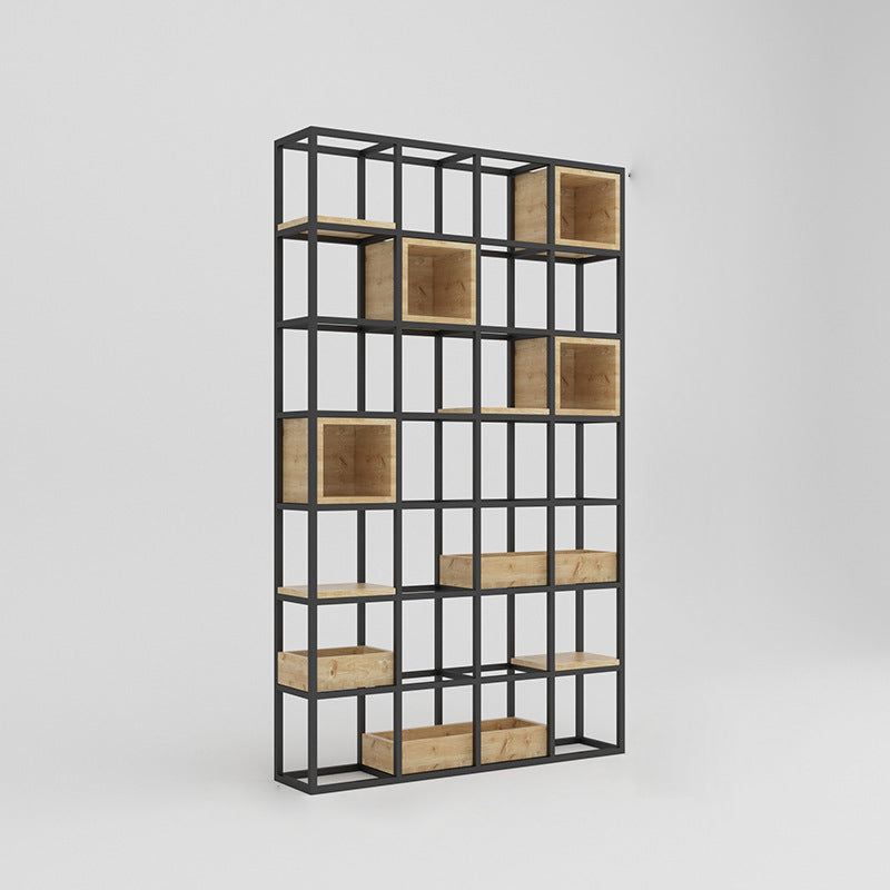 Moderne open etagere boekenplank met zwart ijzeren frame dennenhoutplank