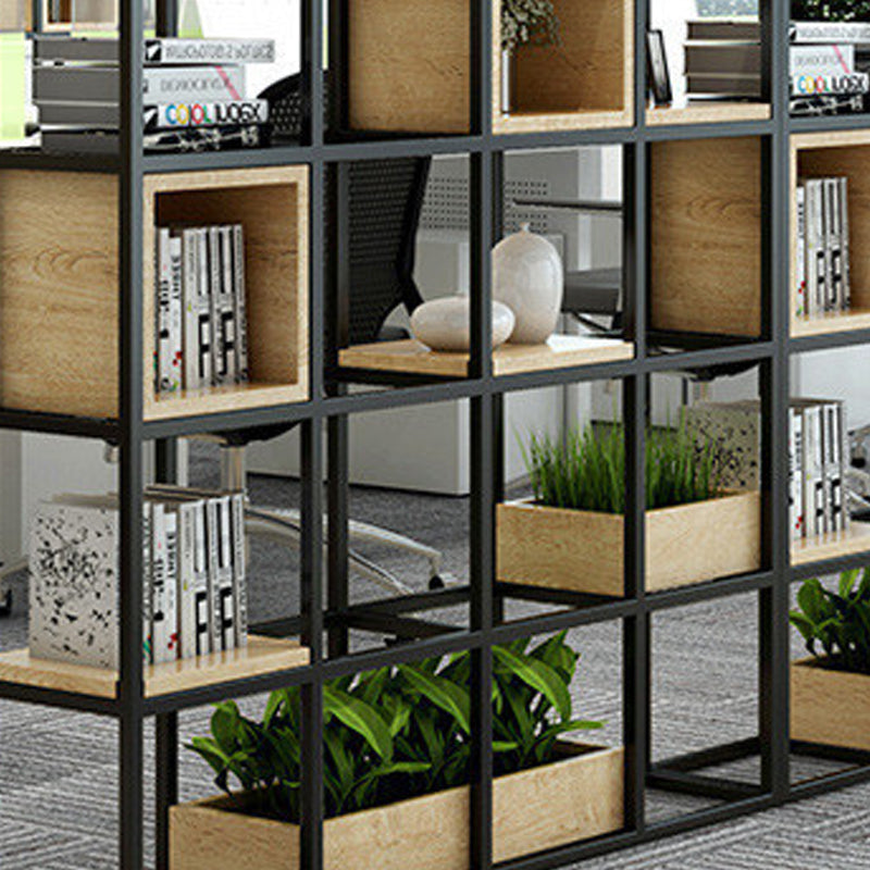 Modern Open Etagere Bookshelf with Black Iron Frame Pine Wood Shelf