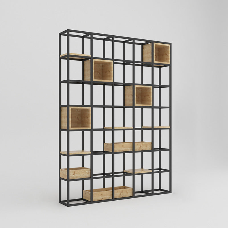 Moderne open etagere boekenplank met zwart ijzeren frame dennenhoutplank