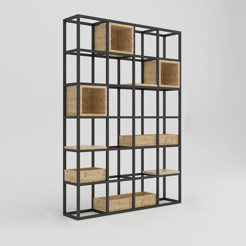 Moderne open etagere boekenplank met zwart ijzeren frame dennenhoutplank