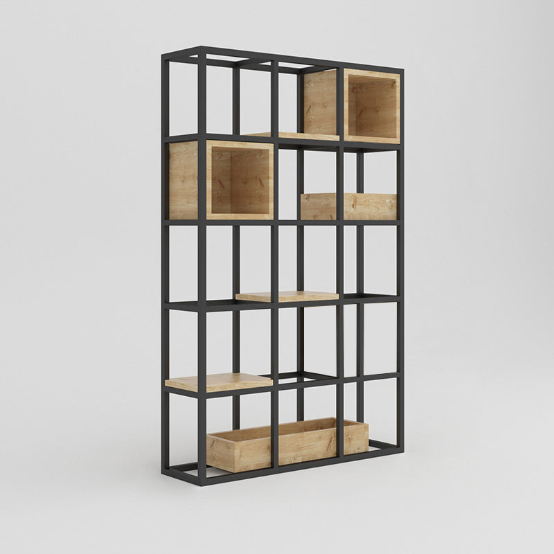 Moderne open etagere boekenplank met zwart ijzeren frame dennenhoutplank