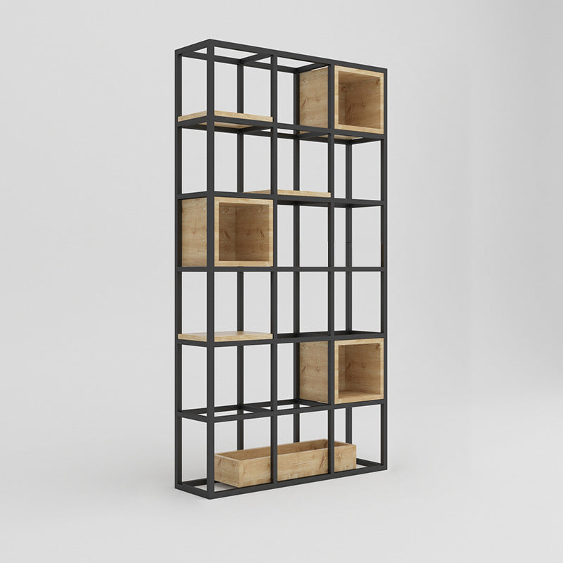 Modern Open Etagere Bookshelf with Black Iron Frame Pine Wood Shelf