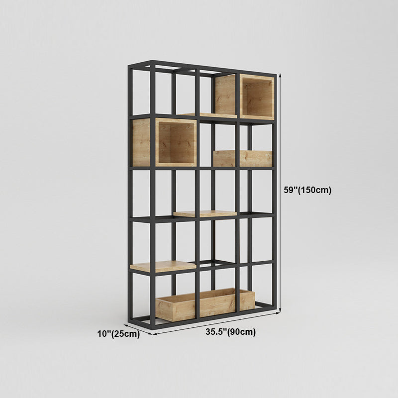 Moderne open etagere boekenplank met zwart ijzeren frame dennenhoutplank