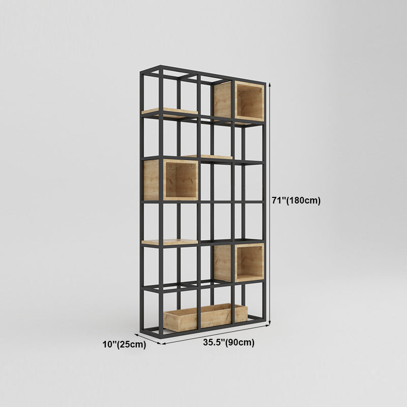 Modern Open Etagere Bookshelf with Black Iron Frame Pine Wood Shelf