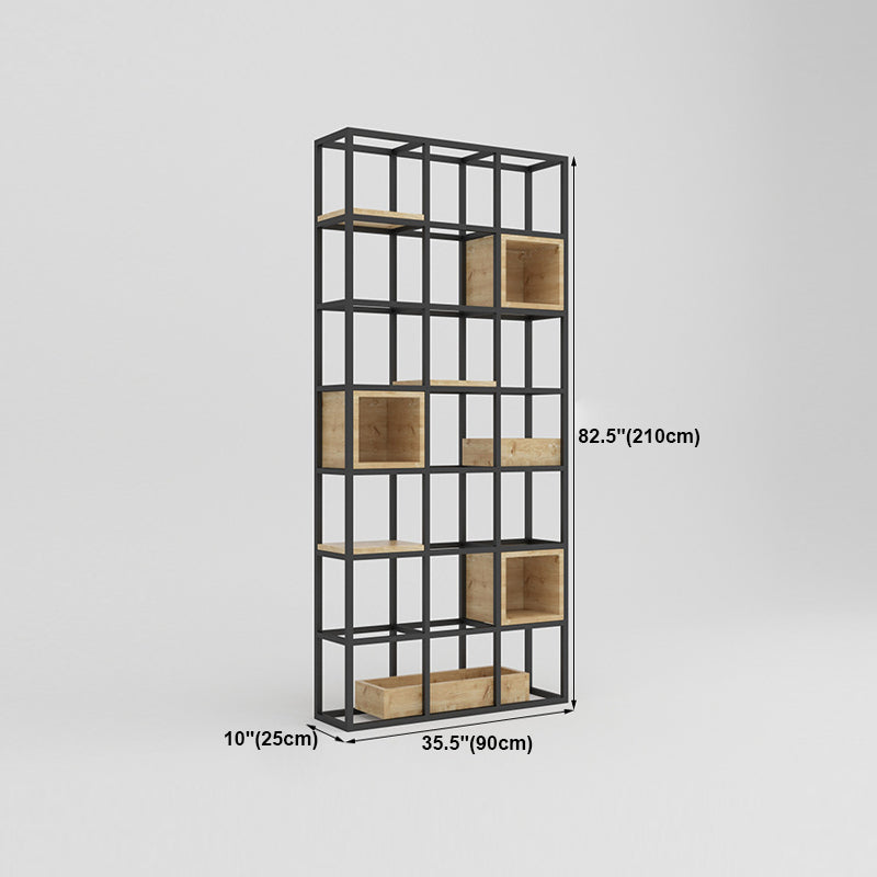 Moderne open etagere boekenplank met zwart ijzeren frame dennenhoutplank