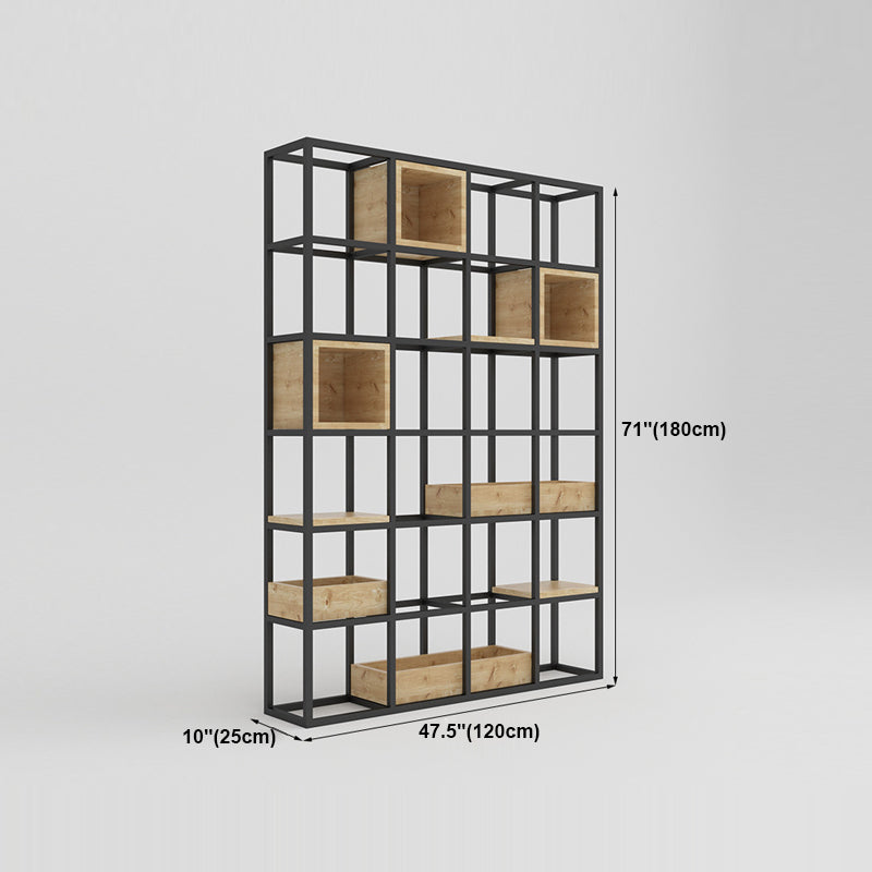 Modern Open Etagere Bookshelf with Black Iron Frame Pine Wood Shelf