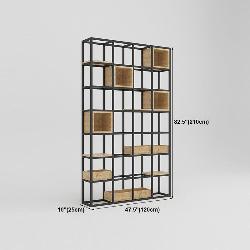 Modern Open Etagere Bookshelf with Black Iron Frame Pine Wood Shelf