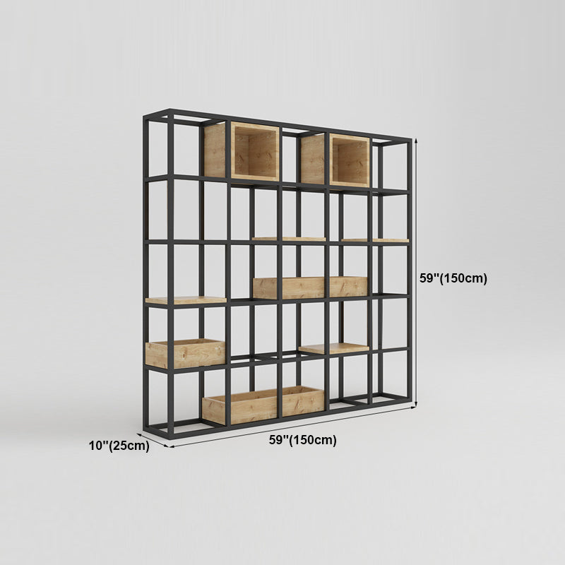 Modern Open Etagere Bookshelf with Black Iron Frame Pine Wood Shelf