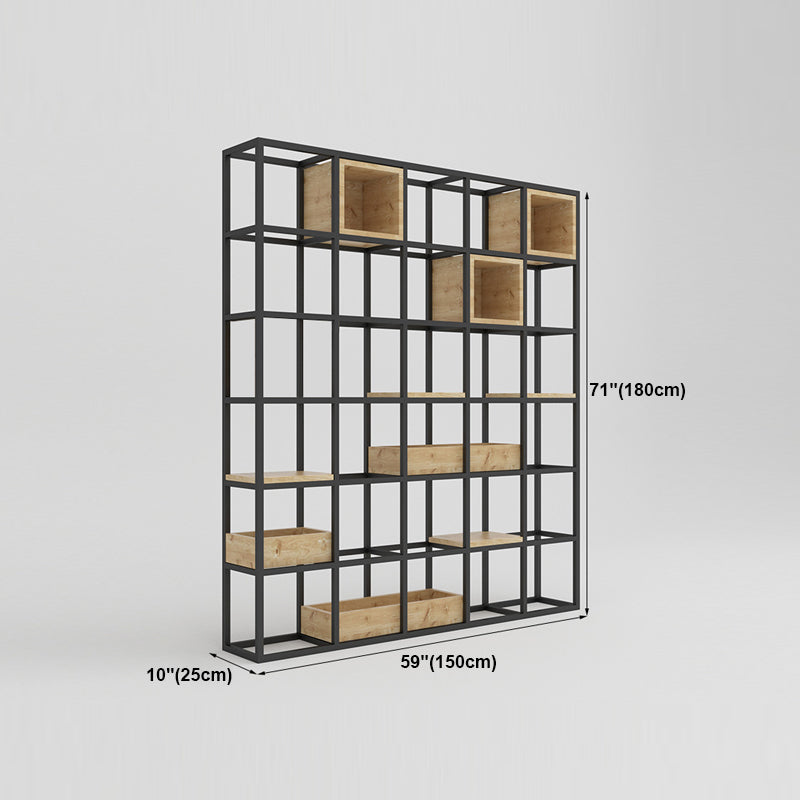 Modern Open Etagere Bookshelf with Black Iron Frame Pine Wood Shelf