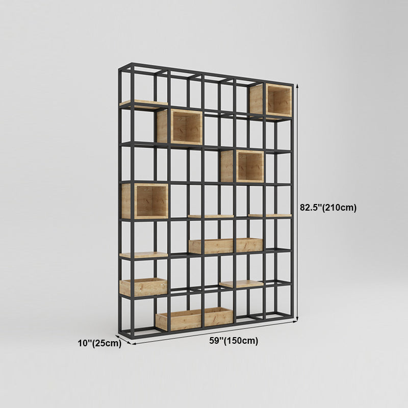 Moderne open etagere boekenplank met zwart ijzeren frame dennenhoutplank