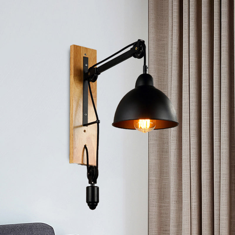 Domed Indoor Wall Mount Light Industrial Metal 1 Head Black Sconce Light with Beige/Brown Wood Backplate and Pulley