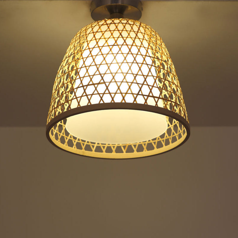 Bamboo Bucket Shade Semi Flush Light Lodge Stylish 1-Light Beige Ceiling Flush Lighting for Corridor