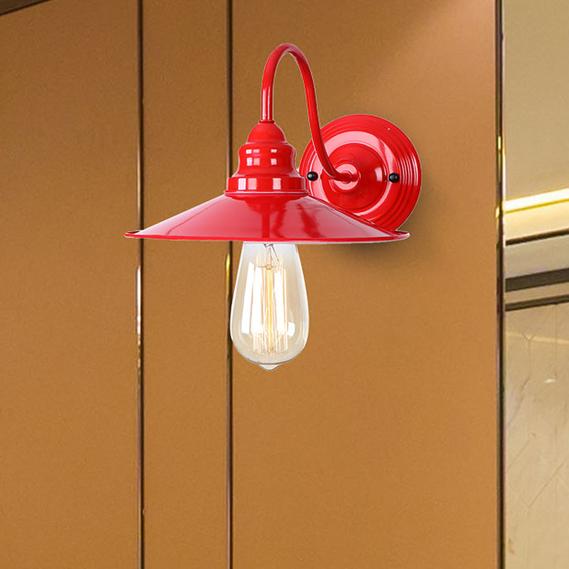 Metal Polished Red Wall Lighting Flat Shade 1 Head Industrial Stylish Sconce Light with Gooseneck Arm