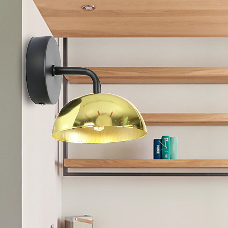 1 Light Wall Sconce Industrial Dome Shade Metal Down Wall Light with Curved Arm in Black/Brass for Bedroom