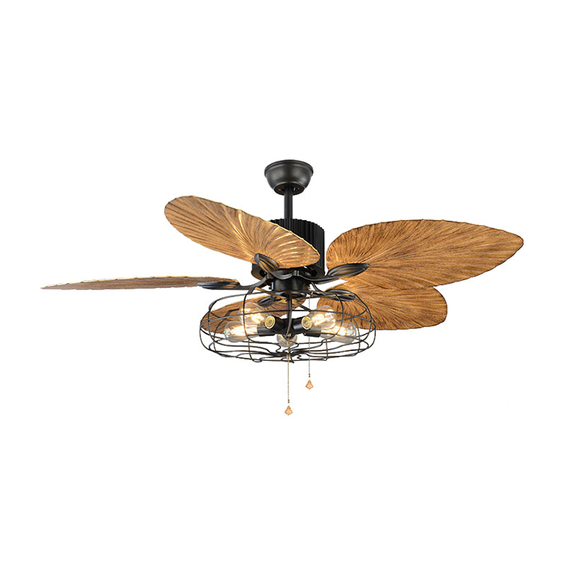 Classical Cage Style Semi Flush Mount Metal 4 Lights Ceiling Fan with Crystal Pendants in Black
