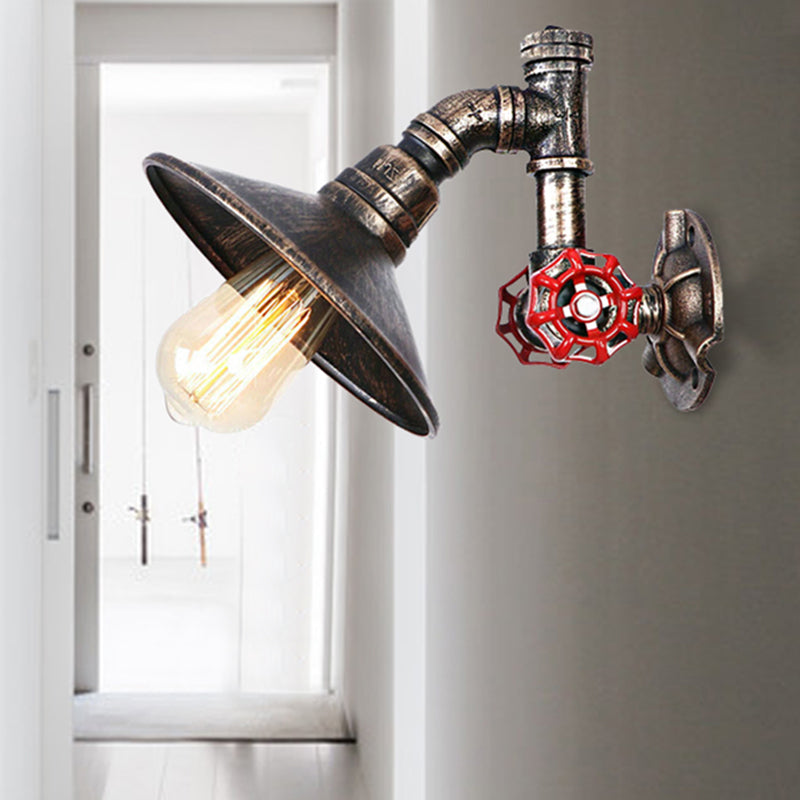 Metallic Flared Shade Wall Sconce Lighting with Pipe and Valve Rustic 1 Light Corridor Wall Lamp in Aged Bronze
