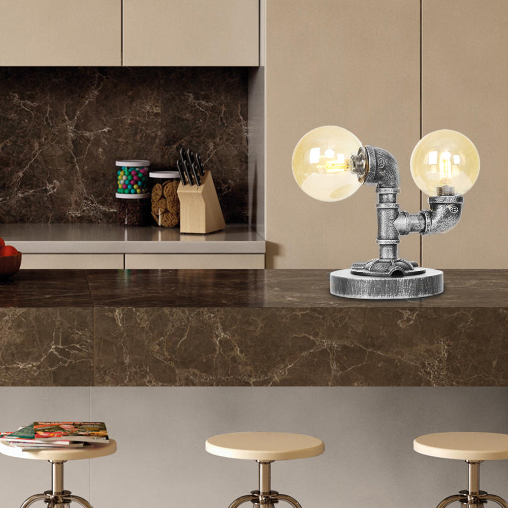 Lampada da scrivania a 2 luci Industriale tonalità rotonda e illuminazione da tavolo in vetro trasparente in argento antico