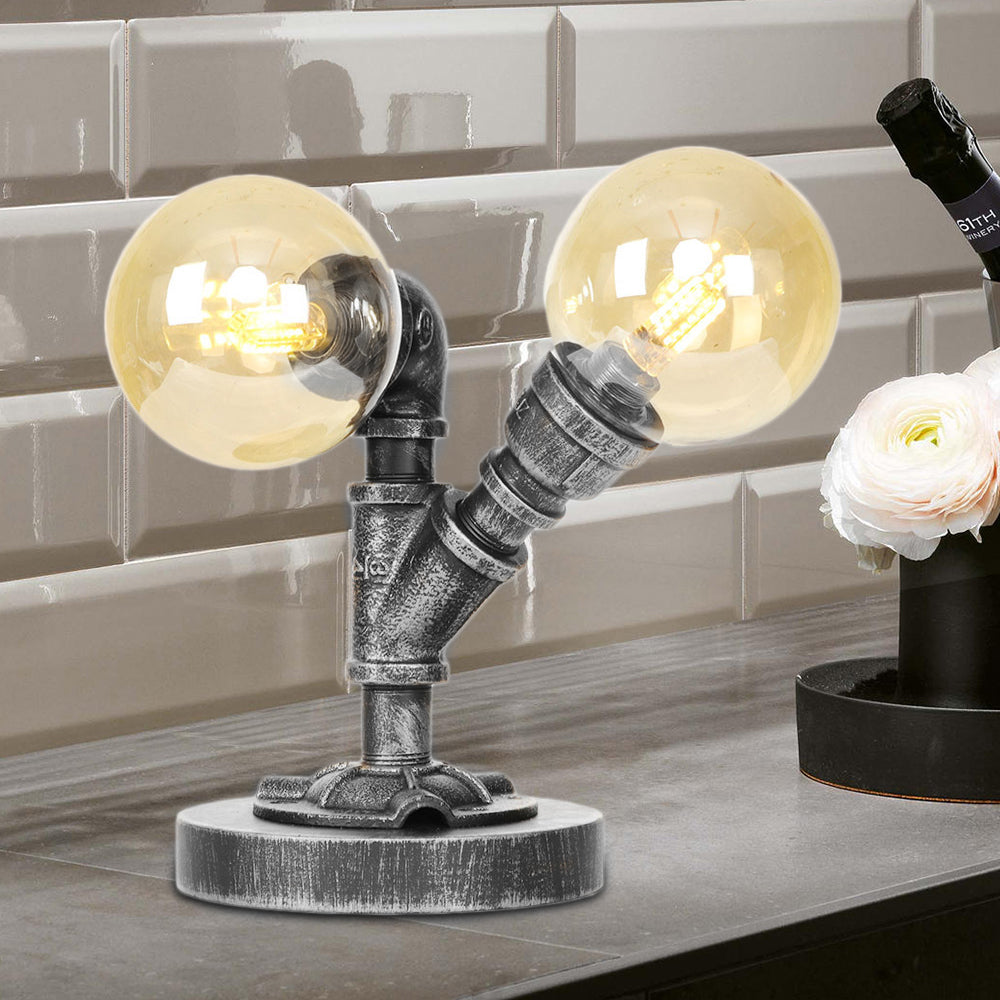 Lámpara de escritorio de 2 luces Sombra redonda industrial de sombra transparente/iluminación de mesa de vidrio ámbar en plata antigua