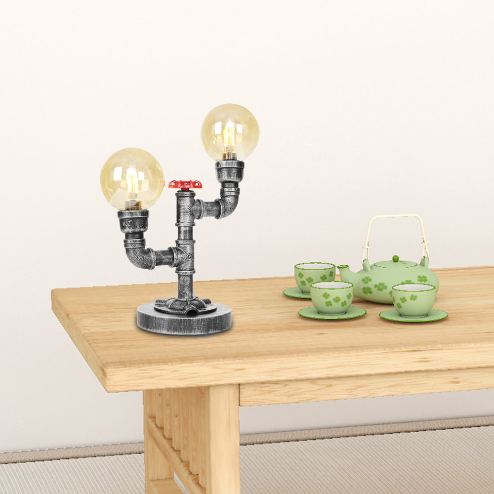 Lámpara de escritorio de 2 luces Sombra redonda industrial de sombra transparente/iluminación de mesa de vidrio ámbar en plata antigua