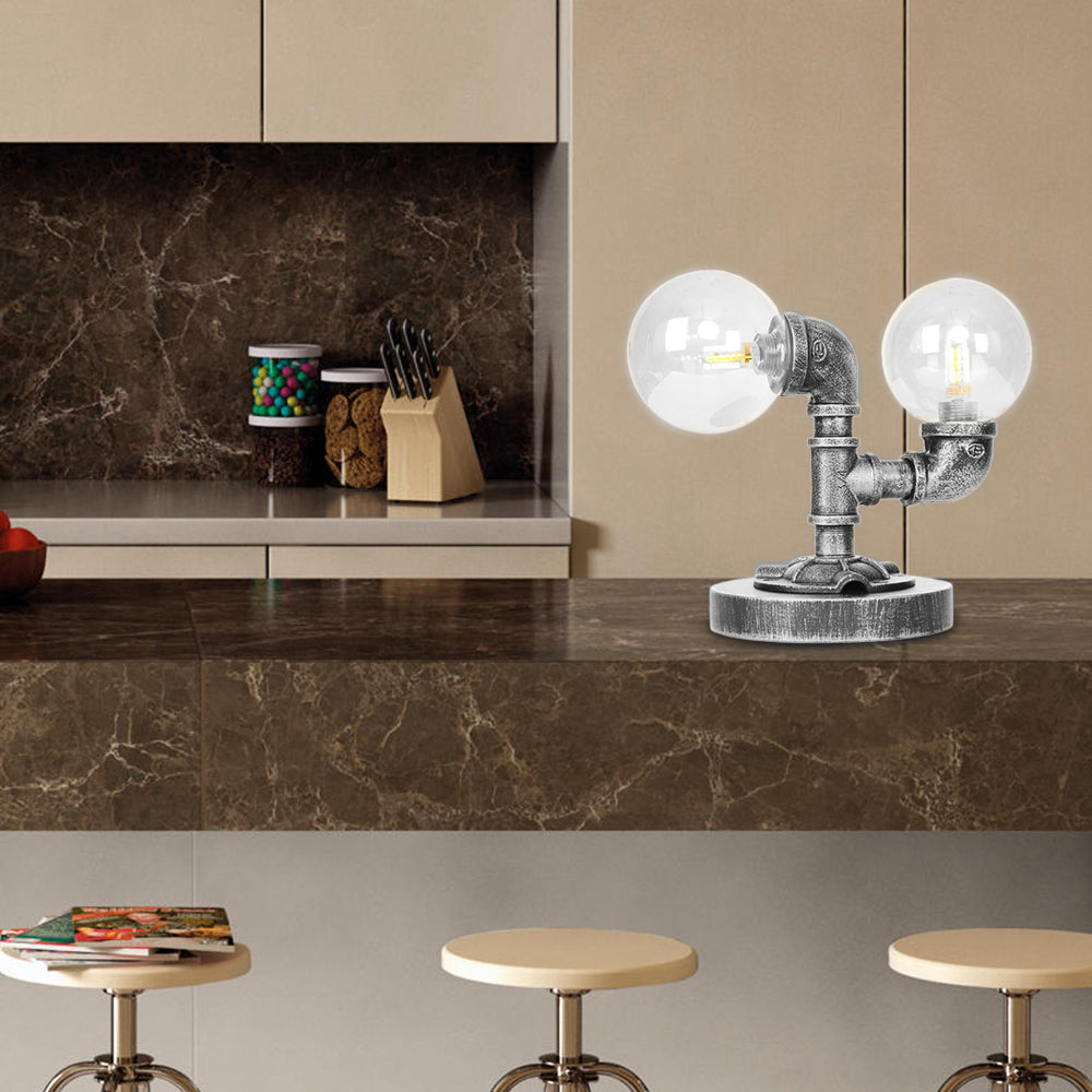 Lampada da scrivania a 2 luci Industriale tonalità rotonda e illuminazione da tavolo in vetro trasparente in argento antico