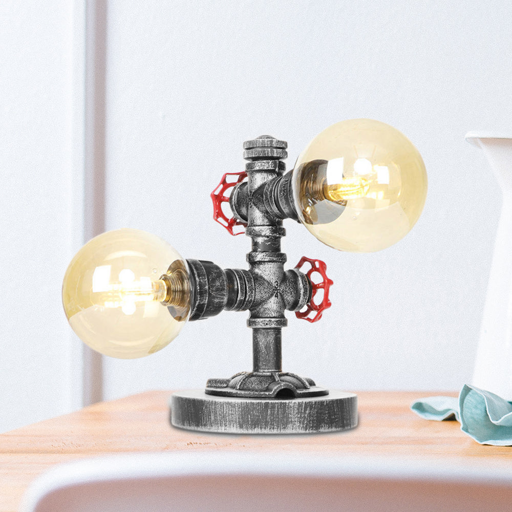 Lámpara de mesa industrial con pantalla redonda, 2 luces, luz de escritorio de vidrio transparente/ámbar en plata antigua con base