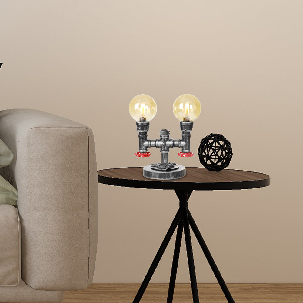 Lámpara de mesa industrial con pantalla redonda, 2 luces, luz de escritorio de vidrio transparente/ámbar en plata antigua con base