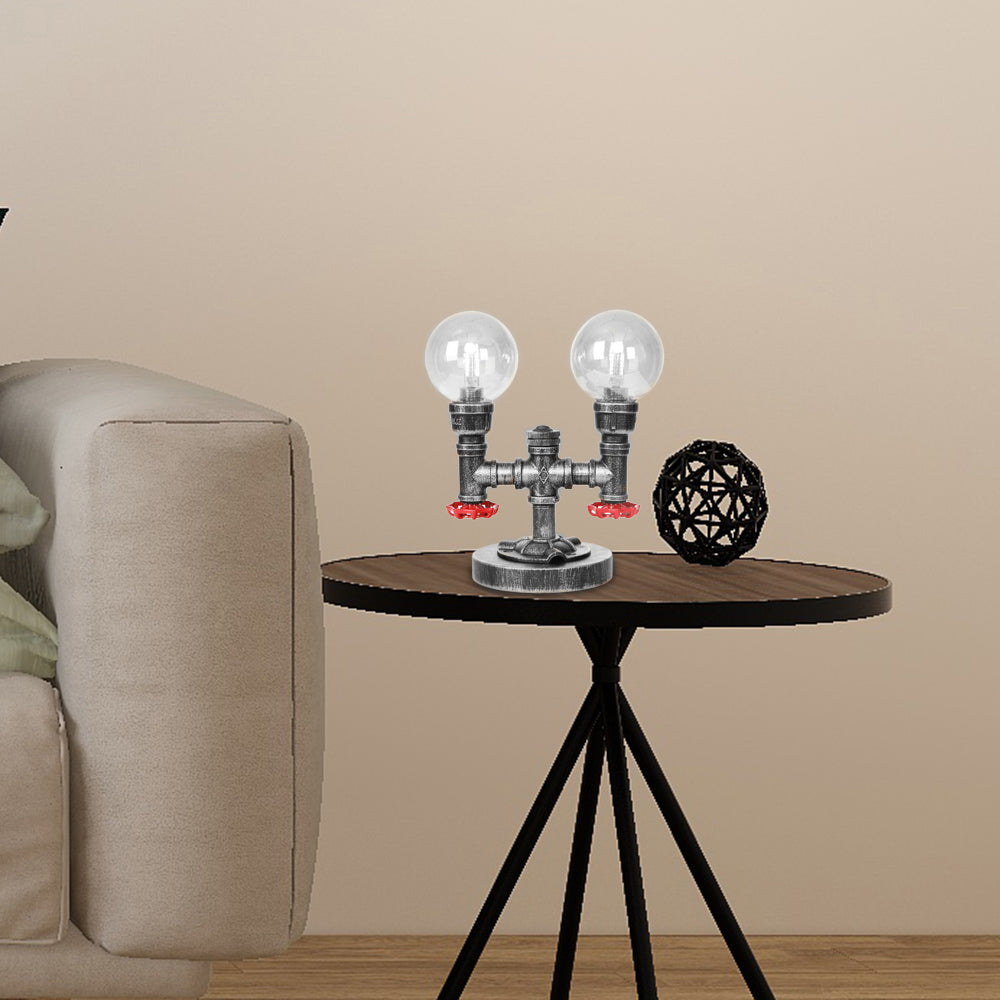 Lámpara de mesa industrial con pantalla redonda, 2 luces, luz de escritorio de vidrio transparente/ámbar en plata antigua con base