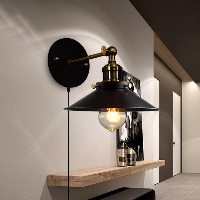 Black Cone Wall Lamp Retro Style Metal 1 Bulb Dining Room Angle Adjustable Wall Sconce with Plug-In Cord