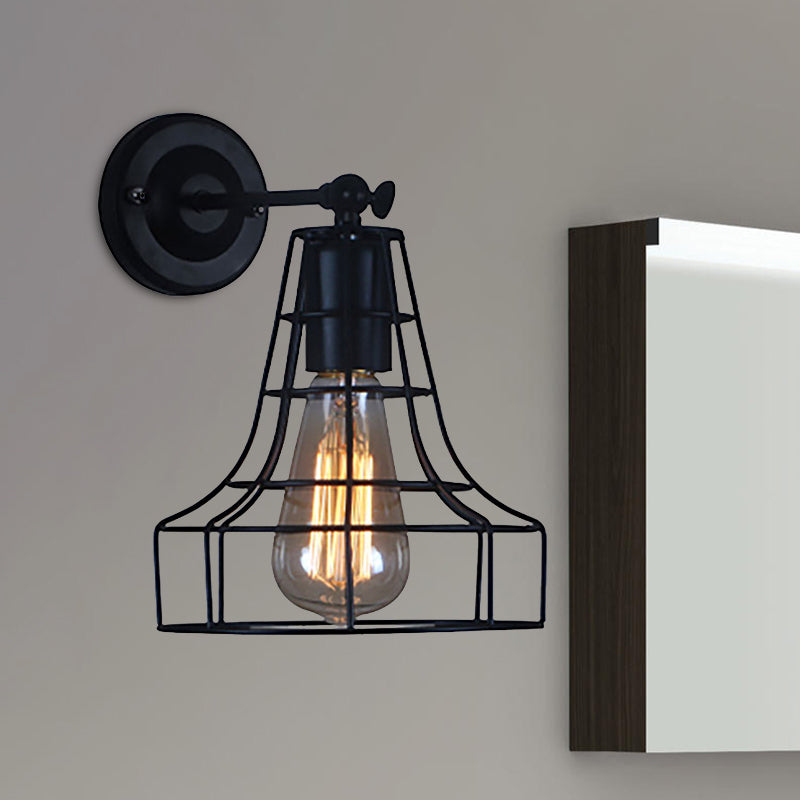 Black Barrel/Flared Cage Wall Sconce Industrial Style Metal 1 Head Living Room Rotatable Wall Mount Light