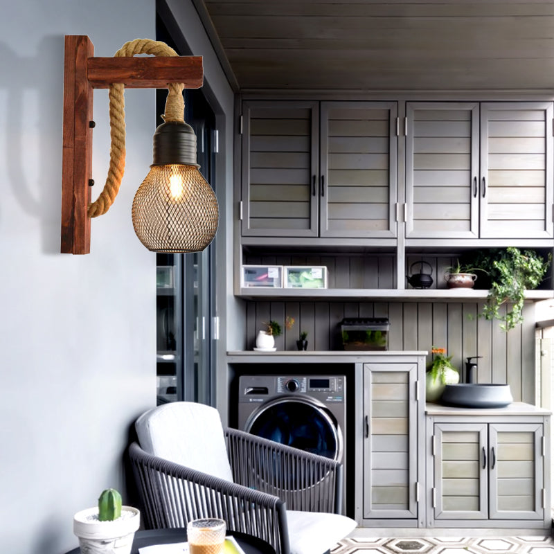 Rope Exposed Bulb Sconce Lighting Coastal 1 Light Living Room Wall Mounted Lamp in Red/Brown/Wood