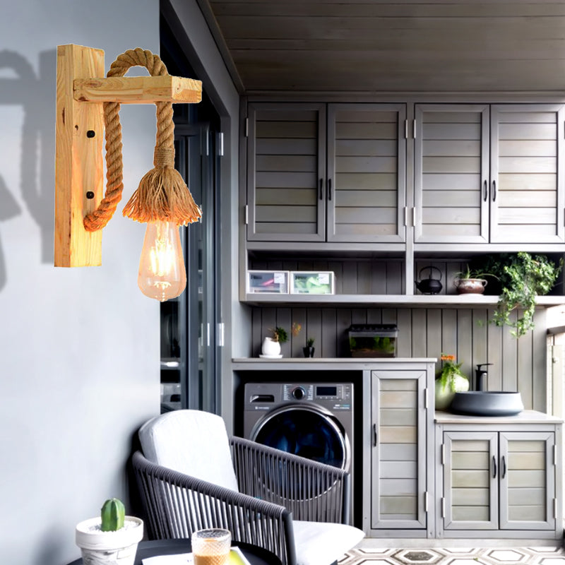 Rope Exposed Bulb Sconce Lighting Coastal 1 Light Living Room Wall Mounted Lamp in Red/Brown/Wood