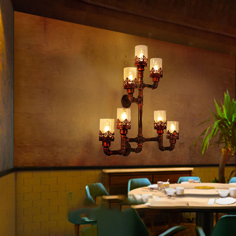 7-Bulb Wall Light with Water Pipe Shade Clear Glass Vintage Dining Room Sconce Lighting Fixture in Copper