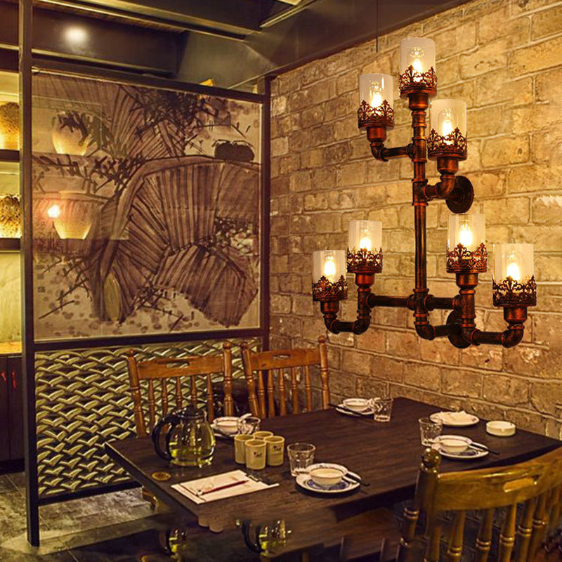 7-Bulb Wall Light with Water Pipe Shade Clear Glass Vintage Dining Room Sconce Lighting Fixture in Copper