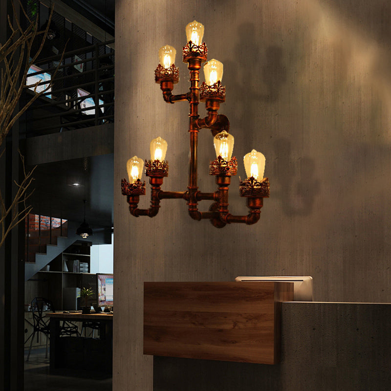 7-Bulb Wall Light with Water Pipe Shade Clear Glass Vintage Dining Room Sconce Lighting Fixture in Copper