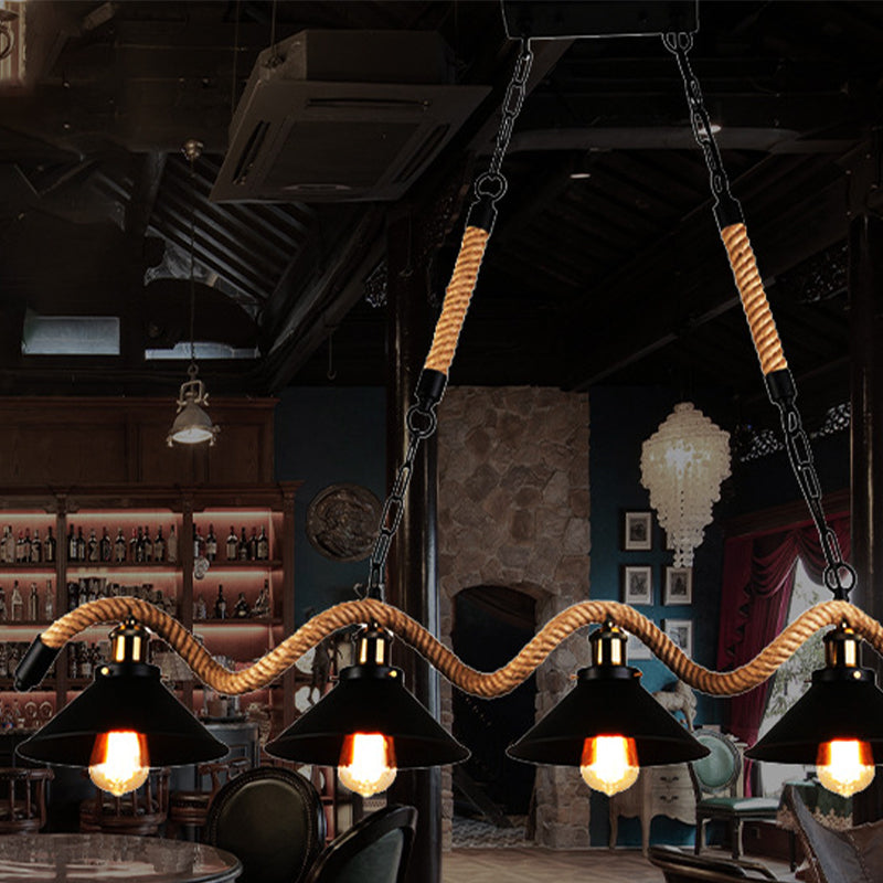 Colgante de islas negras de metal ligero de la isla industrial con cuerda natural para restaurante